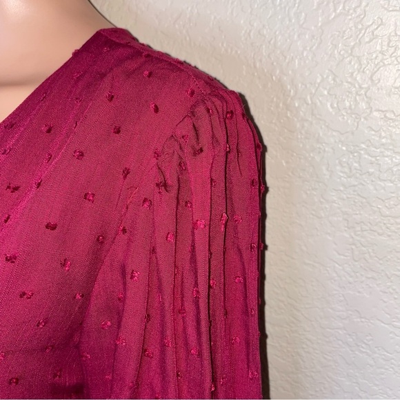 Mi Amore Dress swiss dot long puff sleeve tiered lined elastic waist SZ SM wine - Picture 11 of 12